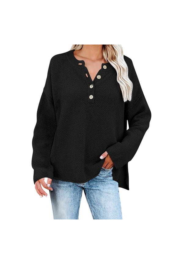 Womens Oversized Sweaters Side Split Long Sleeve Fall Trendy Casual Tunic Sweater Henley V Neck Sweater Tops