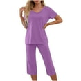 thumbnail image 1 of cfhntfmh Womens Pajama Sets Casual V Neck Short Sleeve Basic T-Shirts Loose Capri Pants Sleepwear with Pockets 2 Piece Pjs Sets, 1 of 6
