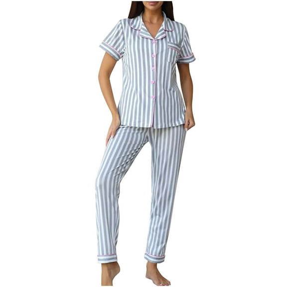 cfhntfmh Womens Pajama Sets Collared Buttons down Short Sleeve Casual Print Nightshirts Long Pants 2 Piece Pjs Sleepwear Sets