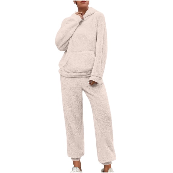 cfhntfmh Womens Pajama Sets Fuzzy Fleece Hoodie Sleepwear Long Sleeve Pjs 2 Piece Lounge Set Fall Winter Warm Nightwear Plus Size