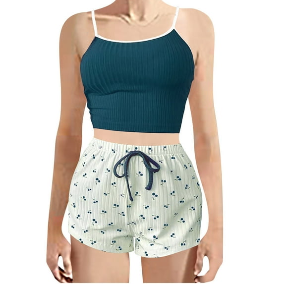 cfhntfmh Womens Pajama Sets Lounge Sleeveless Slim Cropped Spaghetti Strap Camisole Ribbed Cute Print Shorts Sleepwear Pjs Sets