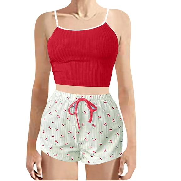 cfhntfmh Womens Pajama Sets Lounge Sleeveless Slim Cropped Spaghetti Strap Camisole Ribbed Cute Print Shorts Sleepwear Pjs Sets