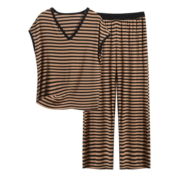 cfhntfmh Womens Pajama Sets Modal 2 Piece Lounge Set Stripe Cap Sleeve Top with Long Pant Pj Set Comfy Nightwear(Coffee,4X-Large)