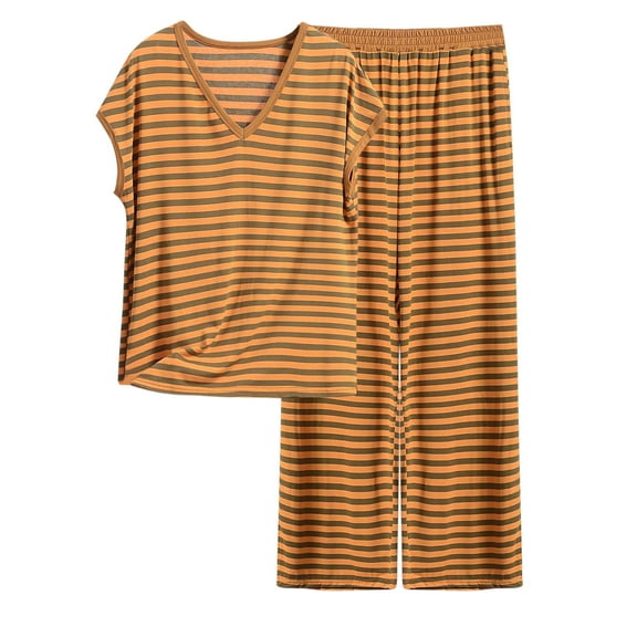 cfhntfmh Womens Pajama Sets Modal 2 Piece Lounge Set Stripe Cap Sleeve Top with Long Pant Pj Set Comfy Nightwear(Yellow,X-Large)
