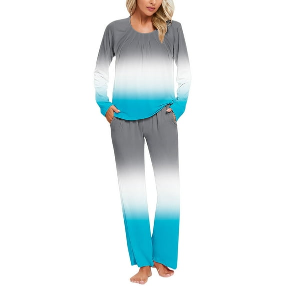 cfhntfmh Womens Pajama Sets Trendy Printed Crewneck Pleated Long Sleeve Shirts 2 Piece Lounge Pants Sleepwear Pjs Sets