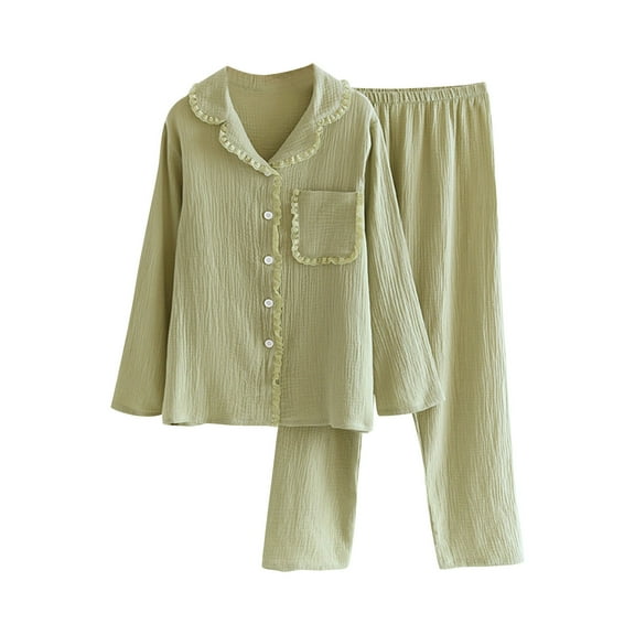 cfhntfmh Womens Pajamas Set Lace Trim Collared Long Sleeve Buttons down Pocketed Shirts 2 Piece Pjs Sleepwear Loungewear Set