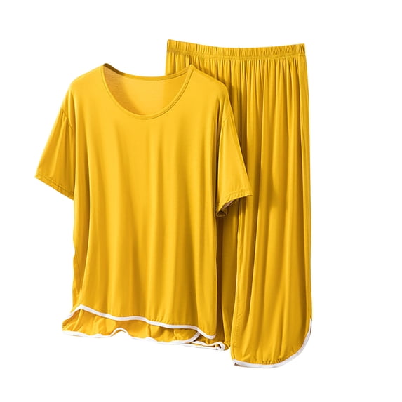 cfhntfmh Womens Pajamas Set Short Sleeve Sleepwear with Wide Leg Pants Nightwear Soft Cotton Modal Pj Lounge Sets