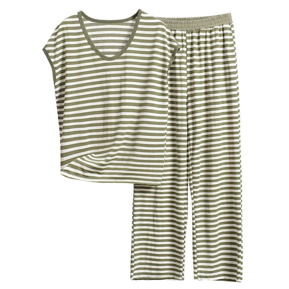 cfhntfmh Womens Pajams Outfits Oversized Soft Modal V Neck Stripe Shirts with Long Pajama Pant Set Loungewear Sleepwear