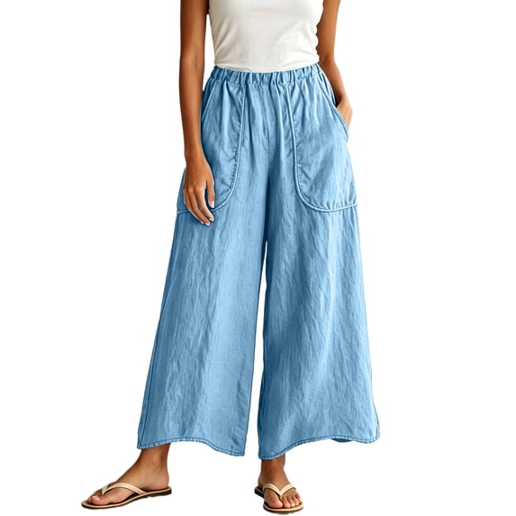 cfhntfmh Womens Palazzo Pants Elastic High Waist Wide Leg Cropped Pants with Pockets Beach Vacation Clothes