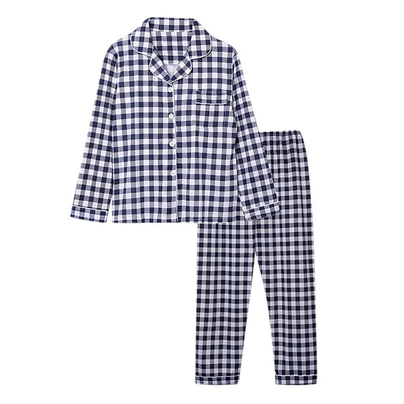 cfhntfmh Womens Plaid 2 Piece Pajamas Sets Button down Long Sleeve Shirt with Pocket Wide Leg Pants Pjs Lounge Set(Dark Blue,Large)