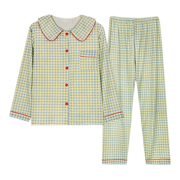 cfhntfmh Womens Plaid 2 Piece Pajamas Sets Button down Long Sleeve Shirt with Pocket Wide Leg Pants Pjs Lounge Set(Green,X-Large)