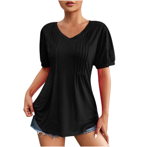 cfhntfmh Womens Pleated Tops Short Sleeve V Neck Trendy T-Shirt Flowy Plain Summer Tunic Tops