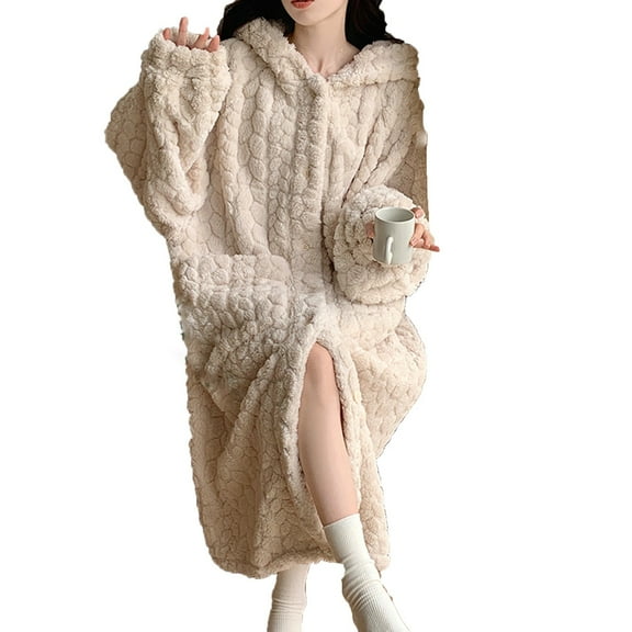 XuJwPNcy Womens Plush Fleece Robe Loose Comfy Warm Bathrobe Fuzzy Robe with Hooded Solid Color Winter Clothing for Women（Khaki,X-Large)