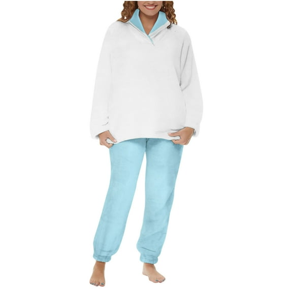 cfhntfmh Womens Plush Pajama Sets Soft Long Sleeve Winter Fleece Pullovers Homewear Pants Sets 2 Piece Lounge Sleepwear