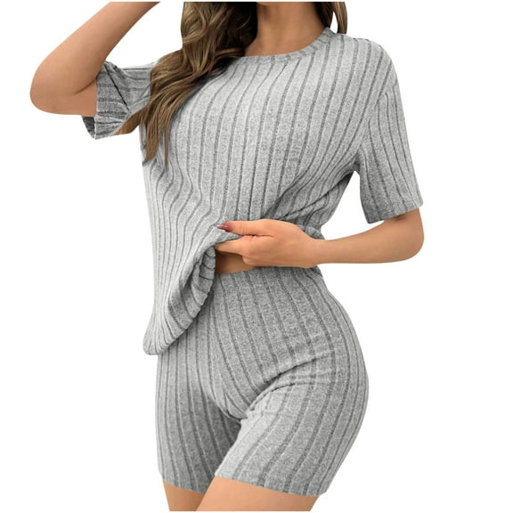 cfhntfmh Womens Ribbed Knit Lounge Set Short Sleeve Top with Shorts Two Piece Pajama Set Fall Outfits Set Sleepwear(Gray,Small)