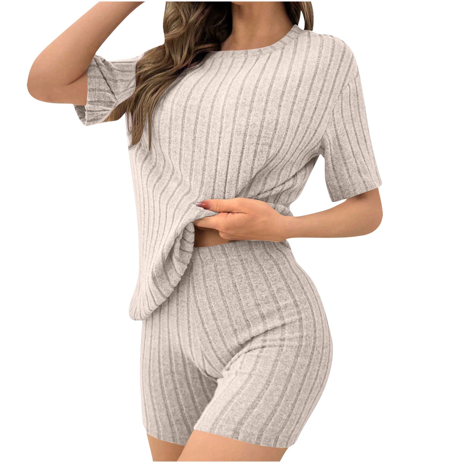 Women's Ribbed Loungewear Set, Cotton Night Suit with Top and Pyjama