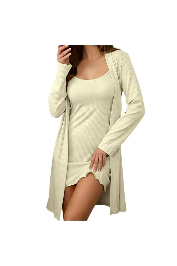 Womens Ribbed Robe Set 2 Piece Nightgown with Robes Sleeveless Nightdress Bathrobe Soft Lounge Sets（Beige,Small)