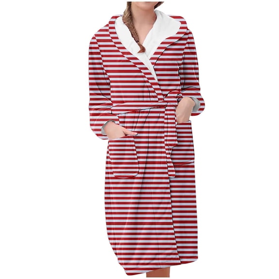 cfhntfmh Womens Robes Comfy Long Sleeve Striped Printed Hoodies Nightgown Belted Sleepwear Bathrobe with Pockets