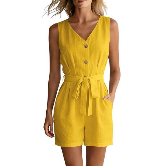 cfhntfmh Womens Rompers for Summer V Neck Button down Dressy Sleeveless Jumpsuits Casual Tie Waist Shorts with Pockets