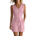 thumbnail image 1 of cfhntfmh Womens Rompers for Summer V Neck Button down Dressy Sleeveless Jumpsuits Casual Tie Waist Shorts with Pockets, 1 of 7