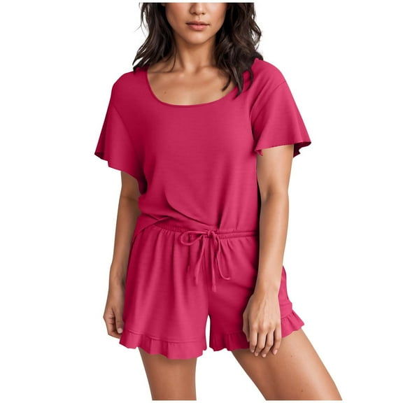 cfhntfmh Womens Ruffle Pajamas Set Short Sleeve Top and Ruffled Shorts with Drawstring Two Piece Matching Outfits Sleepwear