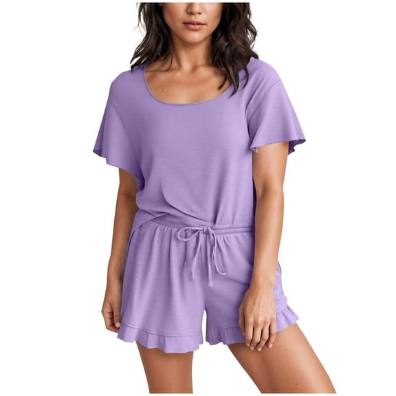 cfhntfmh Womens Ruffle Pajamas Set Short Sleeve Top and Ruffled Shorts with Drawstring Two Piece Matching Outfits Sleepwear