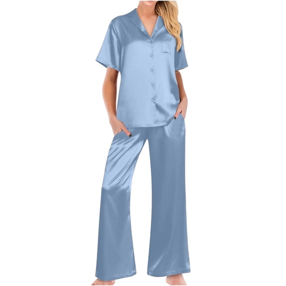 cfhntfmh Womens Satin Pajama Sets 2 Piece Comfy V Neck Buttons down Shirts Wide Leg Palazzo Pants Sets Pjs Loungewear