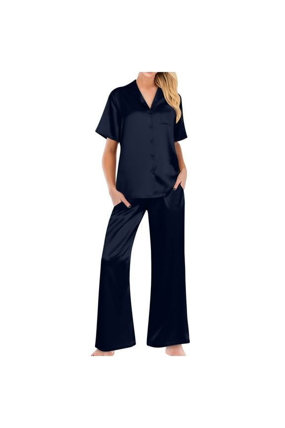 Womens Satin Pajama Sets 2 Piece Comfy V Neck Buttons down Shirts Wide Leg Palazzo Pants Sets Pjs Loungewear