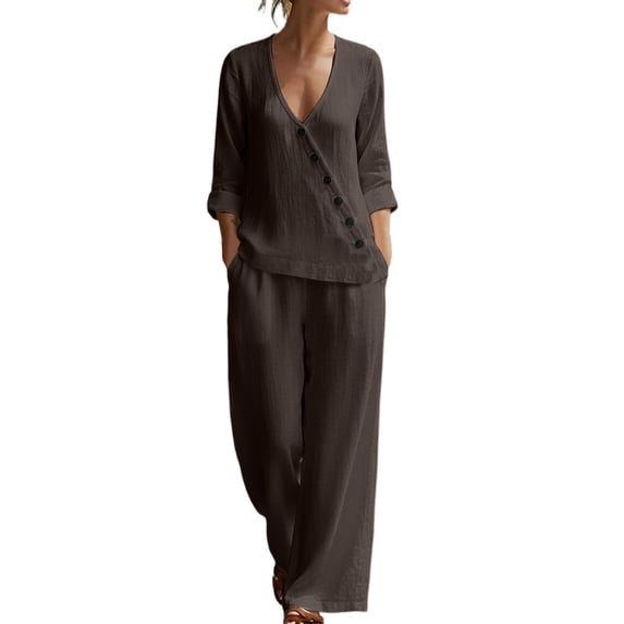 cfhntfmh Womens Sets 2 Piece Outfits 3/4 Sleeve V Neck Button Tops Palazzo Pants with Pockets Cotton Linen Clothes