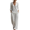 thumbnail image 1 of cfhntfmh Womens Sets 2 Piece Outfits 3/4 Sleeve V Neck Button Tops Palazzo Pants with Pockets Cotton Linen Clothes, 1 of 5