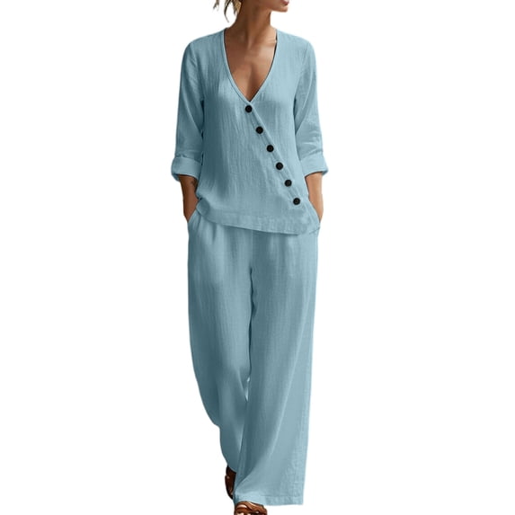 cfhntfmh Womens Sets 2 Piece Outfits 3/4 Sleeve V Neck Button Tops Palazzo Pants with Pockets Cotton Linen Clothes