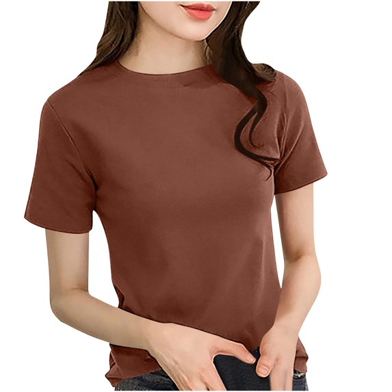 cfhntfmh Womens Short Sleeve Shirts Crewneck Slim Fitted T-Shirt Solid Color Summer Basic Tee Trendy Clothes Outfit
