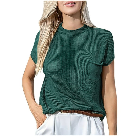 cfhntfmh Womens Short Sleeve Sweater Spring Summer Round Neck Pullover Ribbed Knit Sweater Vest Tops with Pocket