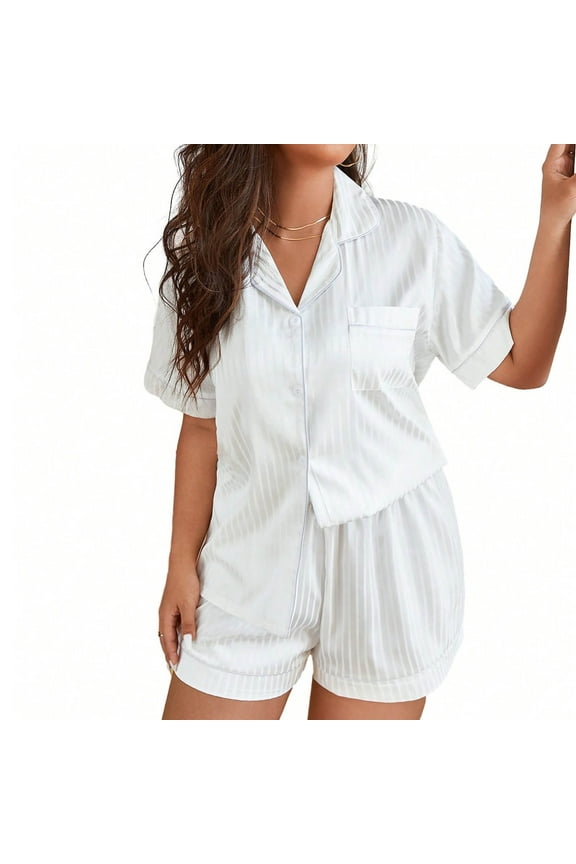 Womens Silk Satin Pajama Sets Short Sleeve Loungewear Two-Piece Sleepwear Button-Down Pj Set with Shorts(White,X-Large)