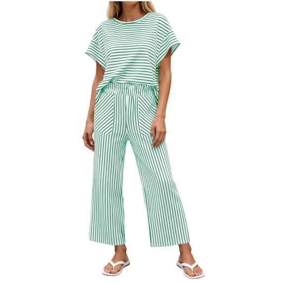 cfhntfmh Womens Striped 2 Piece Sets Short Sleeve Crewneck T-Shirts Wide Leg Cropped Pants Matching Lounge Set with Pockets