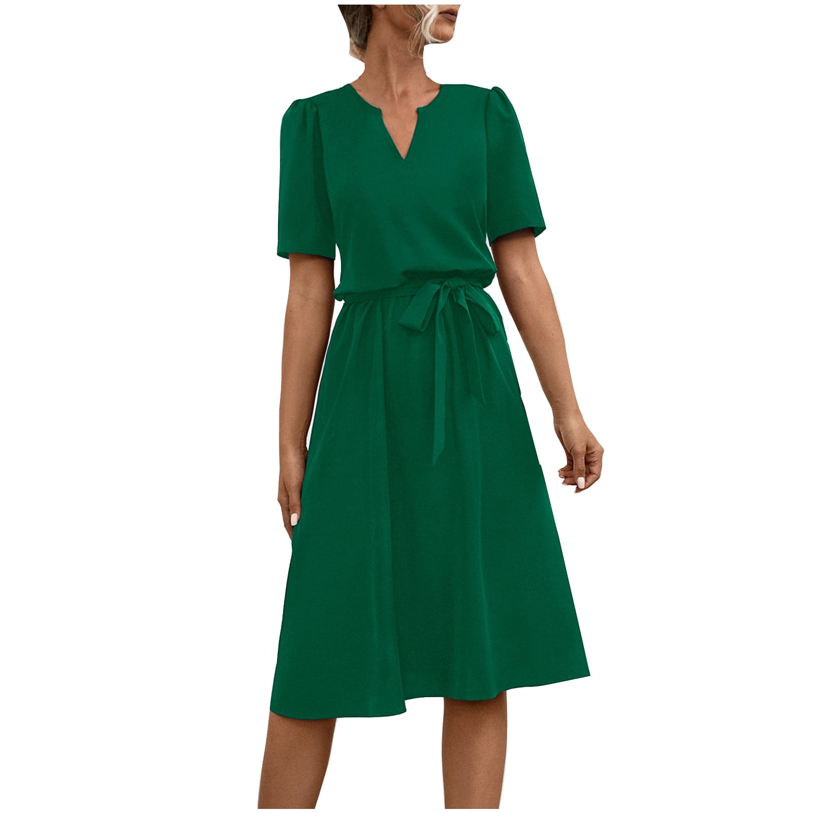 cfhntfmh Womens Summer Dresses 2024 Casual Short Sleeve V Neck Belted Midi Dress Solid Color