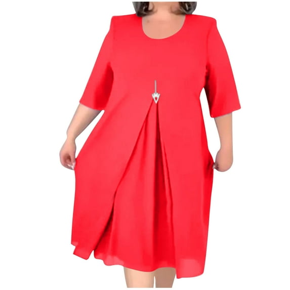 cfhntfmh Womens Summer Dresses Comfy 3/4 Sleeve Crewneck T-Shirts Dress Baggy Pleated Back Cutout Midi Dress