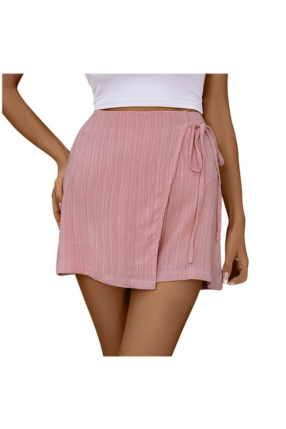 Womens Summer Fashion Shorts High Waist Baggy Wrap Shorts Loose Side Knot Solid Color Casual Skorts