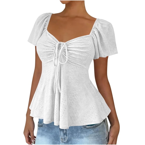 cfhntfmh Womens Summer Fashion Tops Twist Front Bow Tie V Neck Shirts Short Sleeve Summer Slim Fitted Peplum Shirts