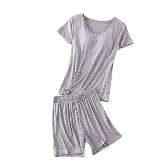 cfhntfmh Womens Summer Pajamas Two Piece Sets Short Sleeve Tops with Built-In Bras and Shorts Sleepwear Modal Pj Sets(Gray,Large)