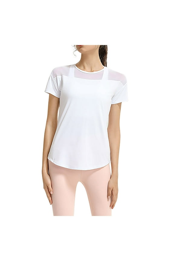 Womens Summer Tops Crewneck Tulle Loose Cutout Back Shirt Flowy Short Sleeve Athletic Tees