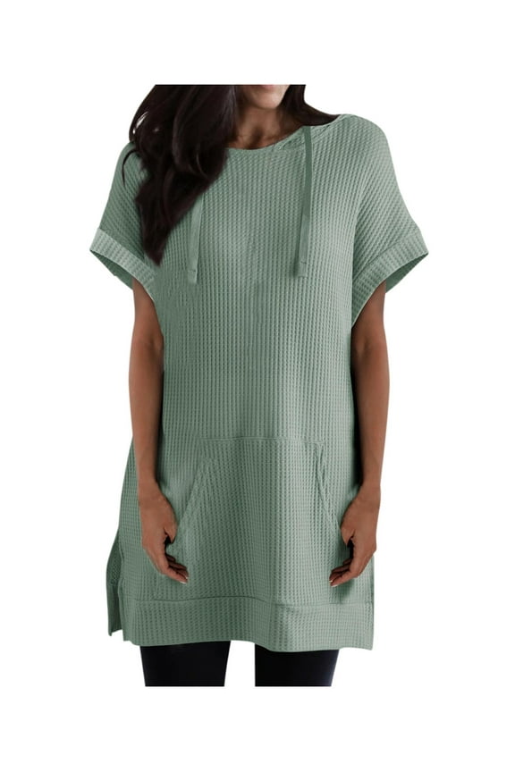 Womens Summer Tops Fashion Crewneck Drawstring Hoodies Tunic Side Baggy Slit T-Shirts with Pocket