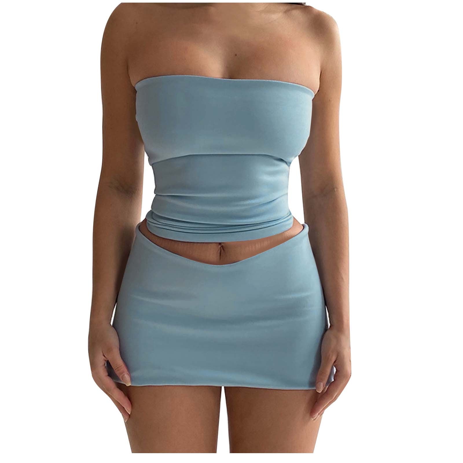 Striped Strapless Tube Crop Top High Rise Pocketed Midi Skirt Set