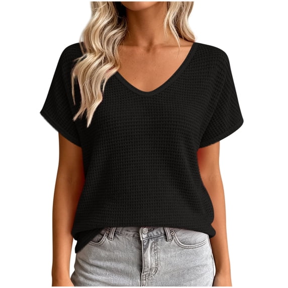 cfhntfmh Womens Summer V Neck Tops Short Sleeve Sweaters Knit Casual Plus Size Shirts Hollow out Lace Back with Drawstring Trendy Boho Tops