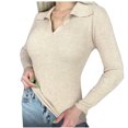 thumbnail image 1 of cfhntfmh Womens Sweaters Pullover Long Sleeve Lapel V Neck Shirts Ribbed Knit Sweater Slim Fitted Casual Basic Layer Shirts, 1 of 5