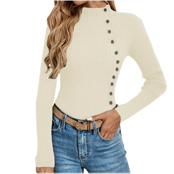 cfhntfmh Womens Sweaters Spring Fall Ribbed Knit Long Sleeve Mock Neck Pullover Sweater Solid Color Basic Thermal Outfits