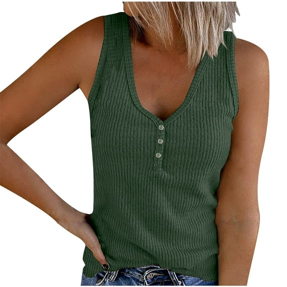 cfhntfmh Womens Tank Tops Deep V Neck Buttons Sleeveless T-Shirt Ribbed Knit Fitted Solid Color Summer Tees