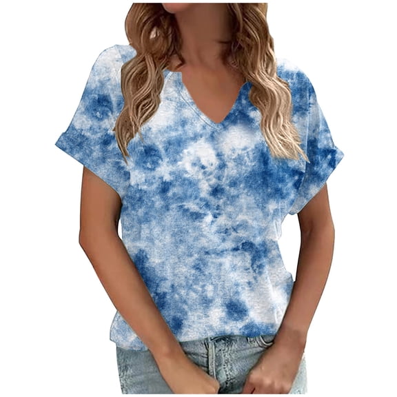 cfhntfmh Womens Tops Dressy Casual Short Sleeve Tie Dye Print Blouses V Neck Summer T-Shirts Trendy Outfits
