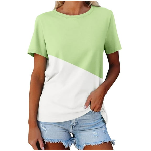 cfhntfmh Womens Tops Trendy Summer Color Block Crewneck Casual Shirts Comfy Womens Blouse Tees S-2xl