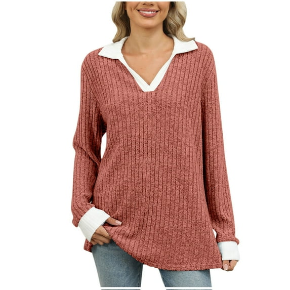 cfhntfmh Womens Trendy Sweater Ribbed Knit Collared Long Sleeve Shirts Lounge Color Block Fall Winter Pullover Sweater